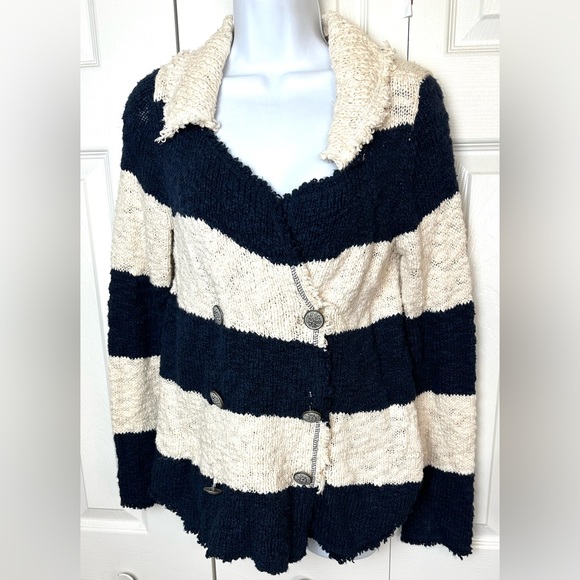 FREE PEOPLE Coat of Arms Jacket Cardigan Sweater Nautical Navy Ivory Coatigan - Picture 2 of 13